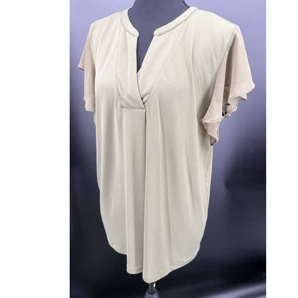 Calvin Klein Blouse Womens Medium Ivy Green Excellent Flutter Sleeve V-Neck